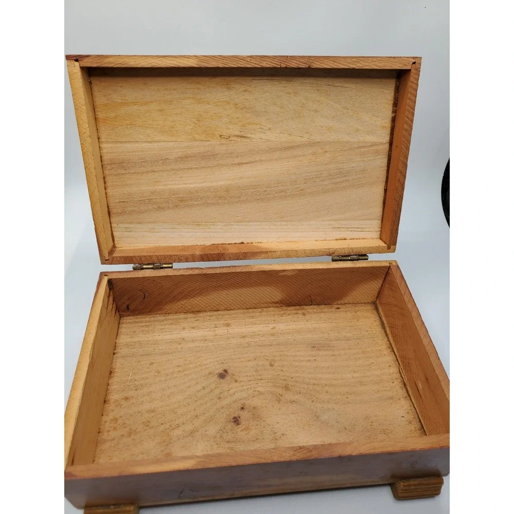 Vintage Wooden Jewelry Trinket Box Hinged Overlay 9 x 5 Inches Footed Holland